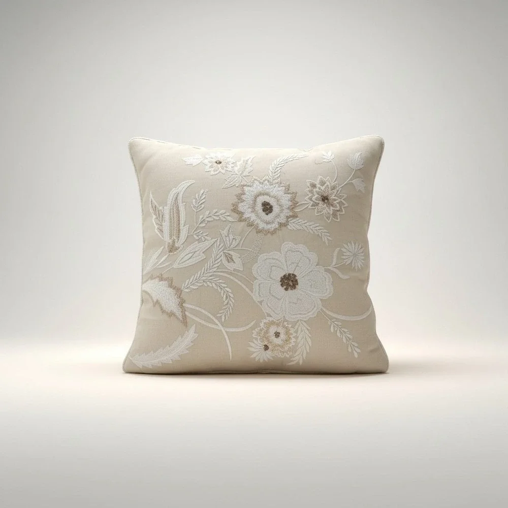 Pier‎ 1 Imports Floral Embroidered Beaded Throw Pillow Cover Ivory Square